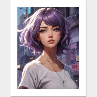 Anime girl with purple hair Posters and Art